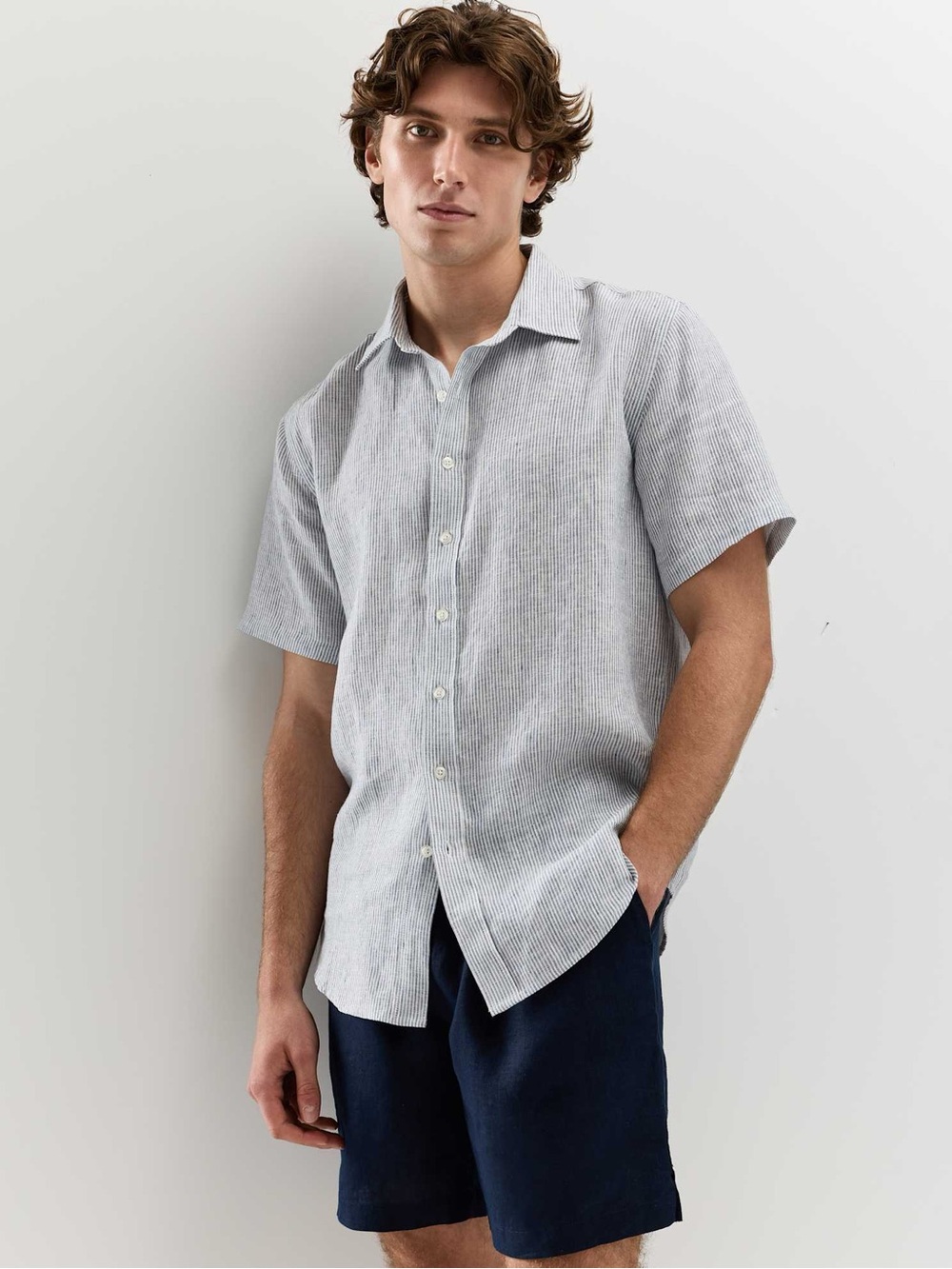 Quince Sz L Linen Blue Striped Button Down Casual Short Sleeves Shirt Top